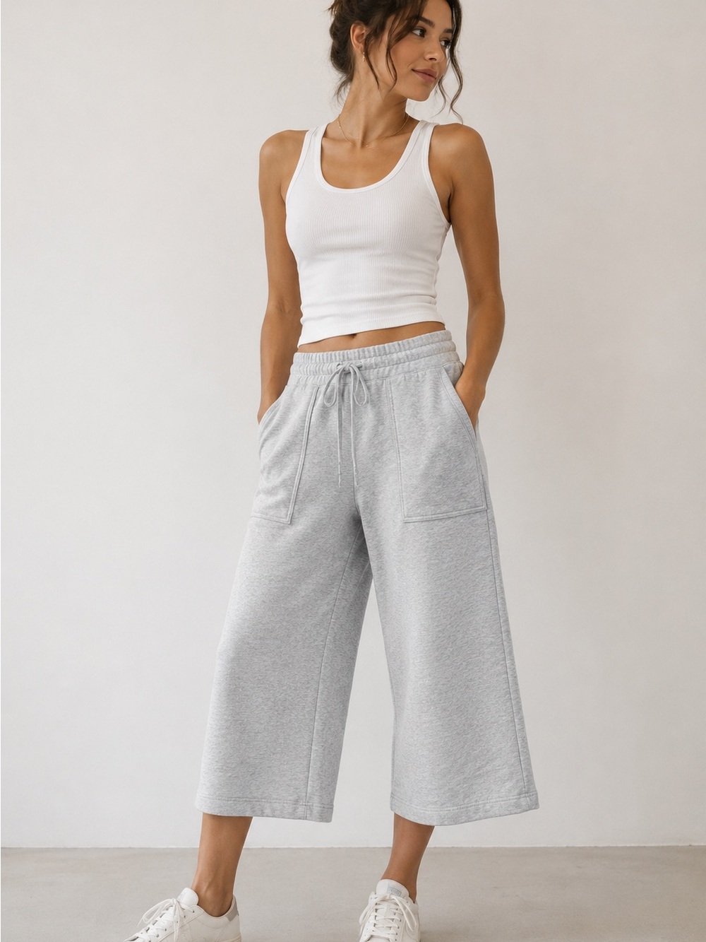 Quince Gray Cropped Wide Leg Sweatpants XS Drawstring Lounge Pants
